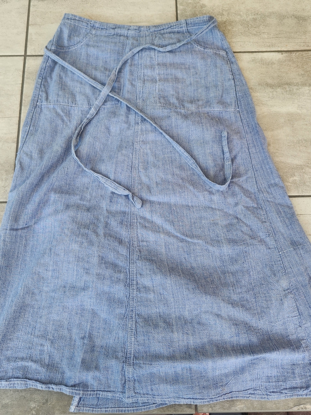 Fair Season Blue Linen Blend Wrap Maxi Skirt Pockets Size M Boho Coastal Grandma